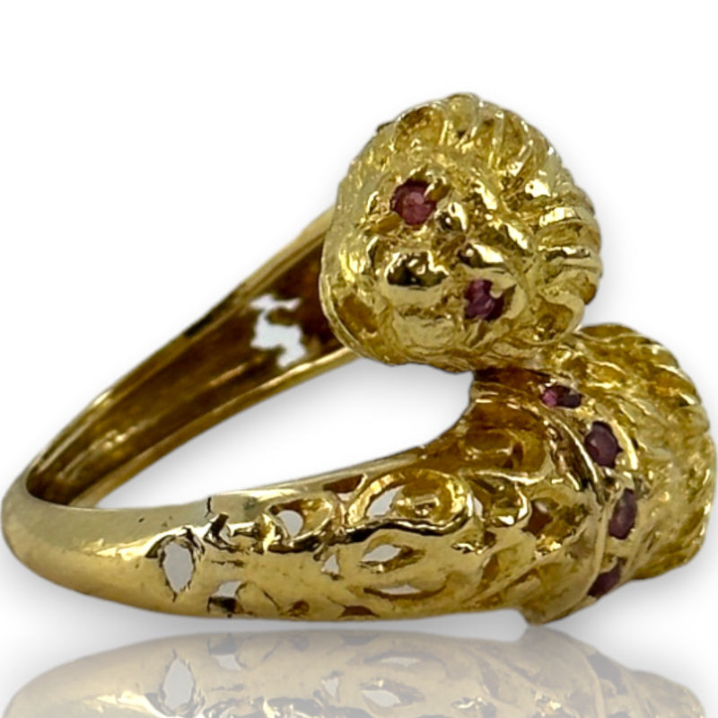 Vintage 1970-80s Victorian Revival Solid 18kt Yellow Gold Two-Headed Lion Ring with Rubies Size 4.5