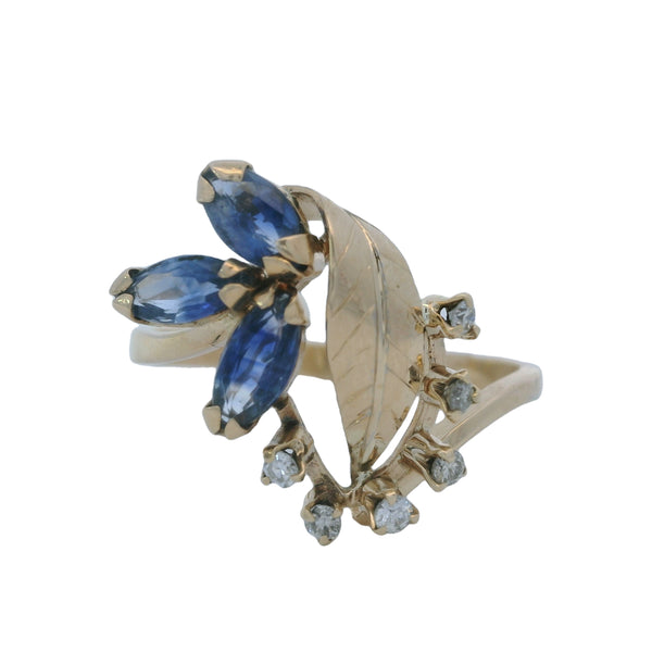 Vintage 1950-60s Retro Sapphire and Diamond Leaf Floral Cocktail Ring Size 10