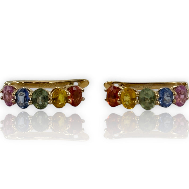 LALI Jewels 14kt Yellow Gold Snap Closure Huggie Earrings with Rainbow of Multi-Colored Sapphires