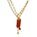 Vintage Solid 18kt Yellow Gold Multi-Chain Adjustable Coral Pendant Tassel 20.5" Textured Necklace