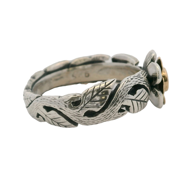 Anillo de hoja de flor en plata de ley 925 y oro amarillo de 18 kt con esmeralda central, talla 5