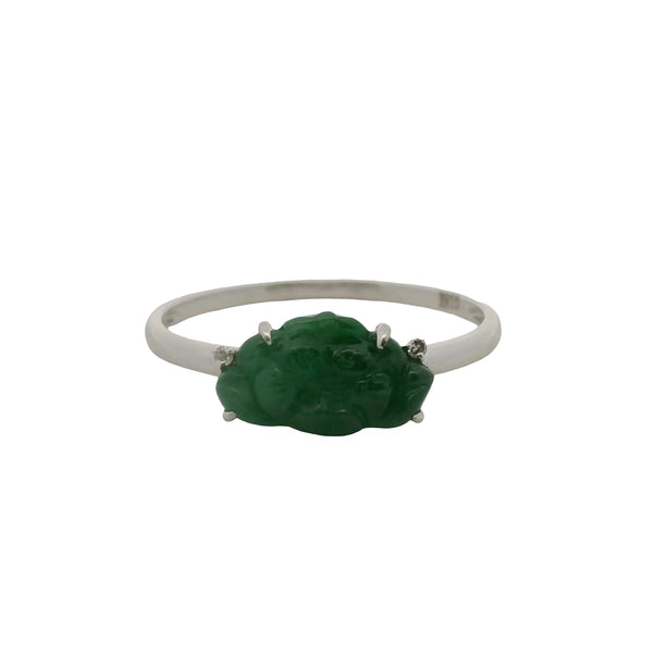 Solid 18kt White Gold and Carved Jade Flower and Diamond Ring Size 7.25