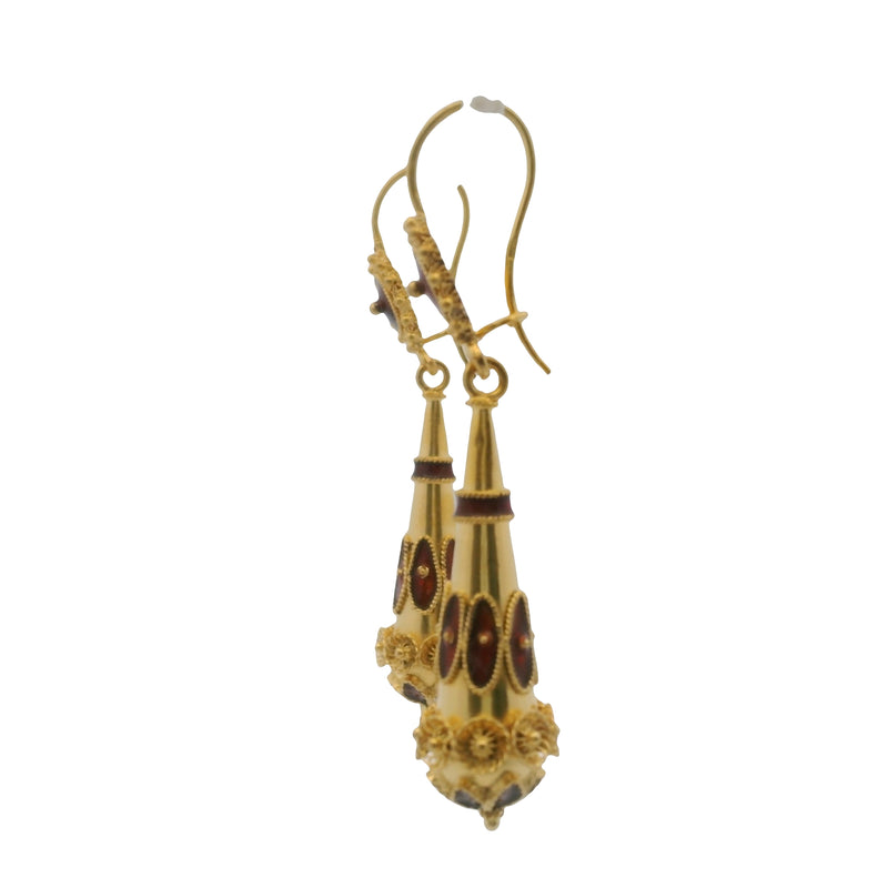 Vintage Solid 14kt Yellow Gold and Red Enamel Etruscan Style Drop/Dangle Hook Earrings
