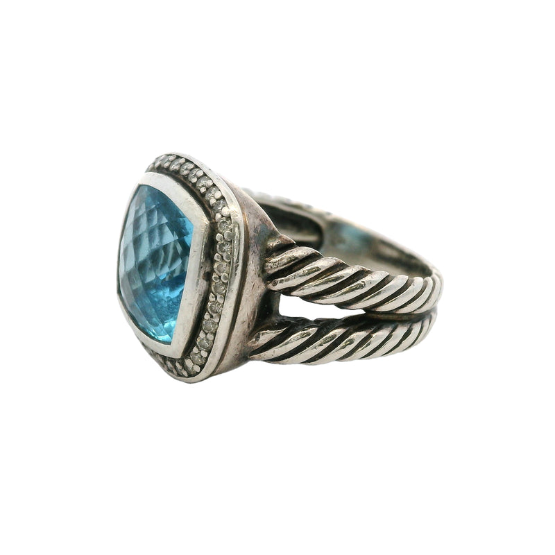 David Yurman 925 Sterling Silver Blue Topaz and Diamond Halo 16mm Wide Albion Ring Size 7.5