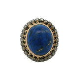 18kt Yellow Gold and 925 Sterling Silver Large Cabochon Lapis Lazuli and Diamond Cocktail Statement Ring Size 7.5