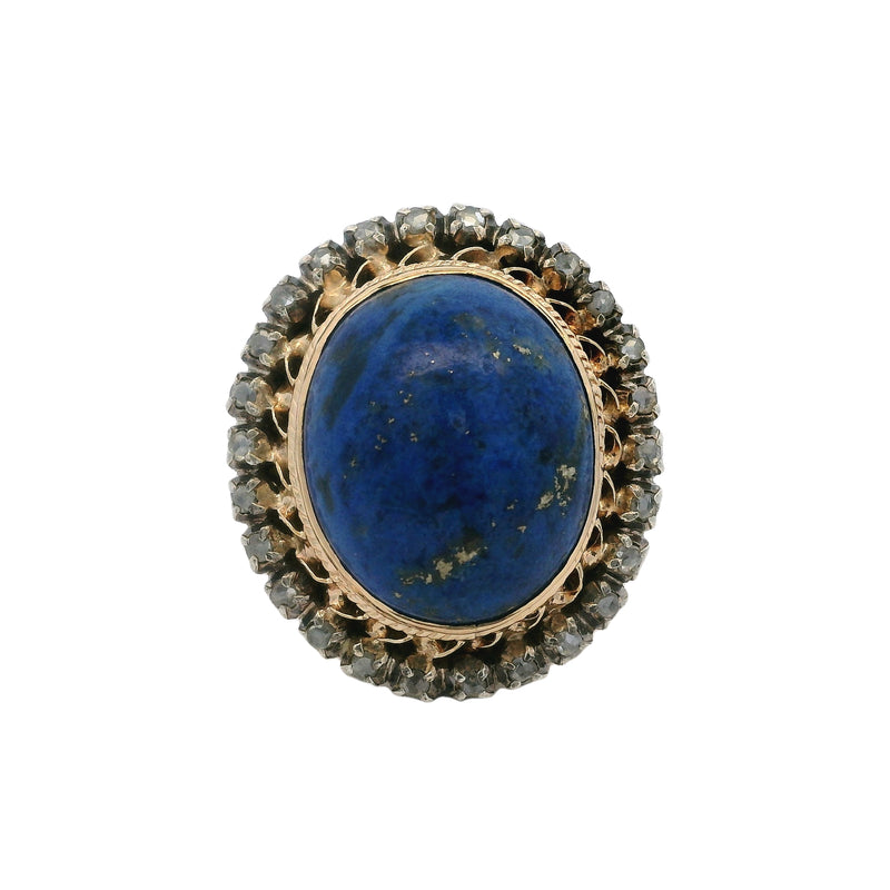 18kt Yellow Gold and 925 Sterling Silver Large Cabochon Lapis Lazuli and Diamond Cocktail Statement Ring Size 7.5