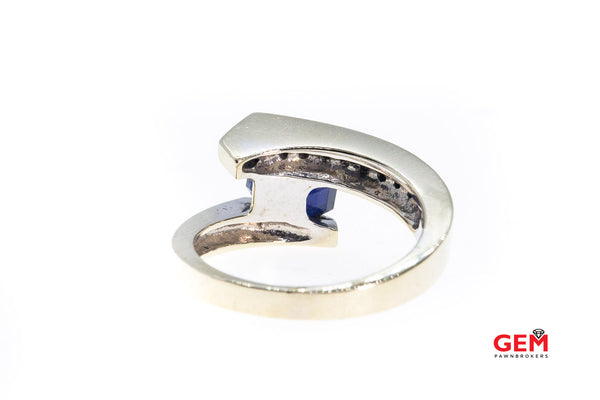 BITA Natural Emerald Cut Sapphire & Diamond Accent Wrap Band 18K 750 White Gold Ring Size 6 3/4