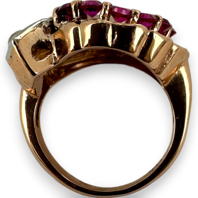 Vintage Retro 1930s-50s Solid 14kt Rose Gold Old European Cut Antique Diamond and Ruby Cocktail Statement Ring Size 4.75 Resizeable