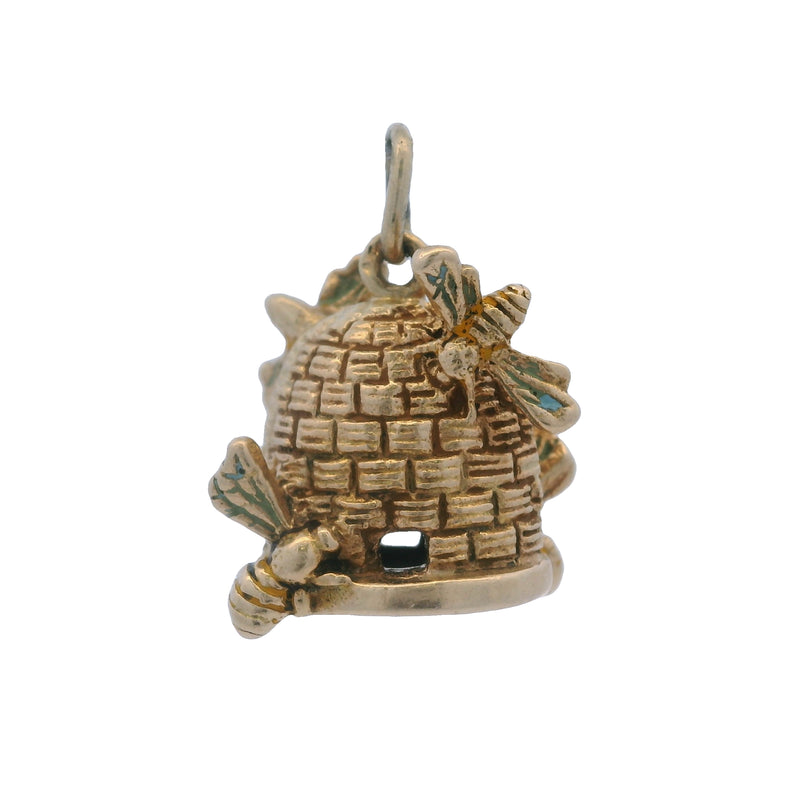 Vintage 14kt Yellow Gold and Enamel Beehive Honeybee Charm Pendant