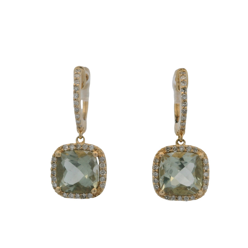 Solid 14kt Yellow Gold and Green Beryl Drop/Dangle Earrings With Diamond Halo/Accents