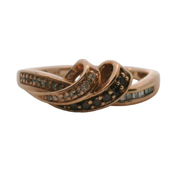 10kt Rose Gold Ribbon Ring with White and Brown Diamonds Size 6.75