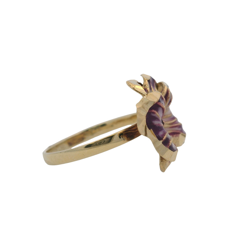 Dyadema Solid 14kt Yellow Gold and Purple Enamel Modern Pansy Ring Size 7