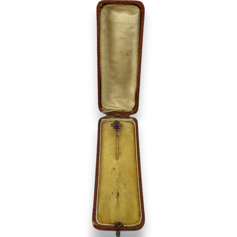 Antique Victorian 1890s 10kt Yellow Gold and Amethyst Stick Pin in Original Box Made in Germany