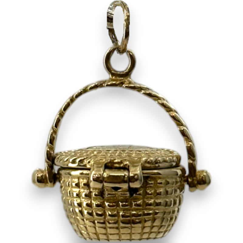 Vintage Picnic Basket Openable Charm Pendant Solid 14kt Yellow Gold