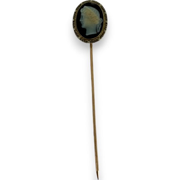 Antique Victorian 10kt Yellow Gold Black and White Onyx Cameo Stick Lapel Pin