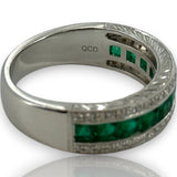 QCD Quality Color Design 14kt Solid White Gold Rhodium Plate Band with Princess Cut Emeralds and Accent Diamonds Size 7 Ring