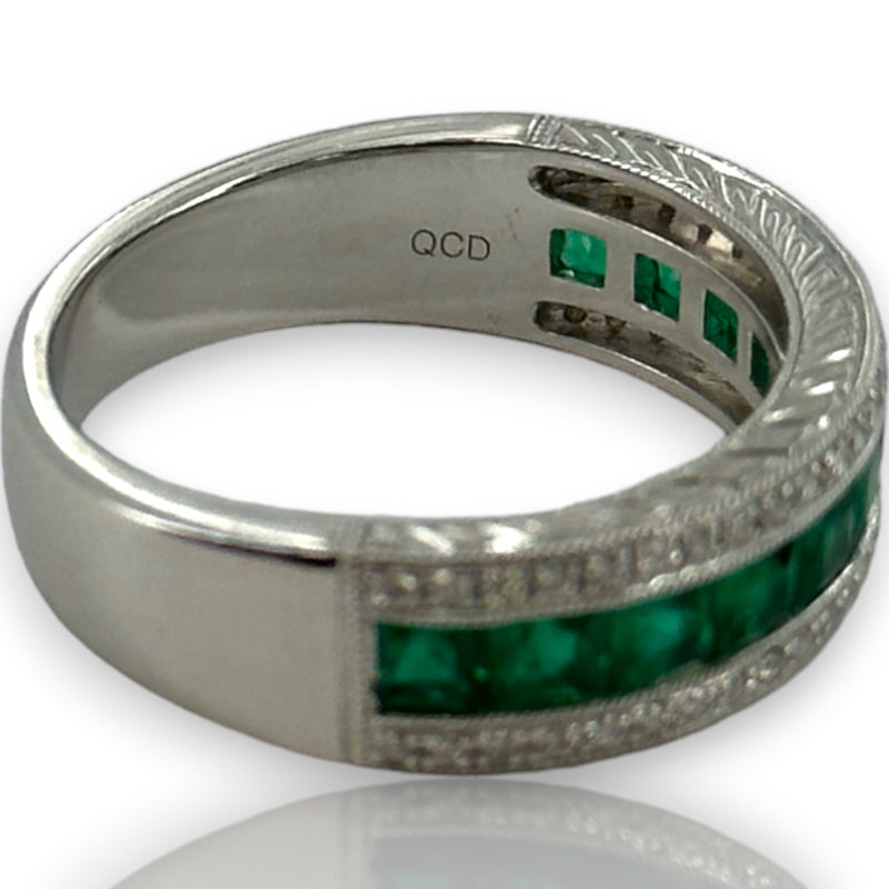 QCD Quality Color Design 14kt Solid White Gold Rhodium Plate Band with Princess Cut Emeralds and Accent Diamonds Size 7 Ring