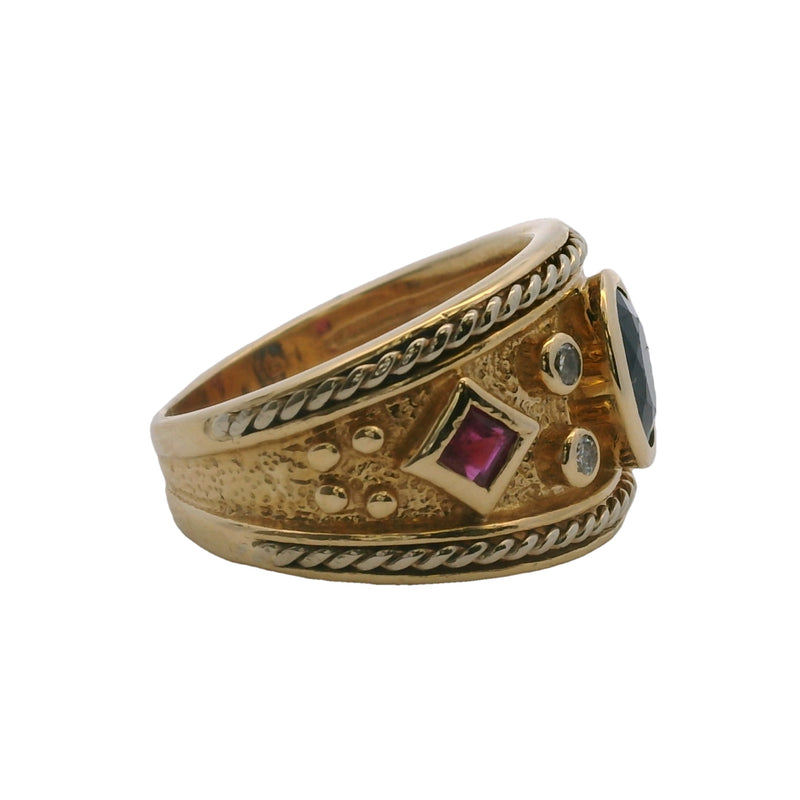 Etruscan Revival 14kt Yellow Gold Band Sapphire Gemstone Diamond Ring Size 5.75
