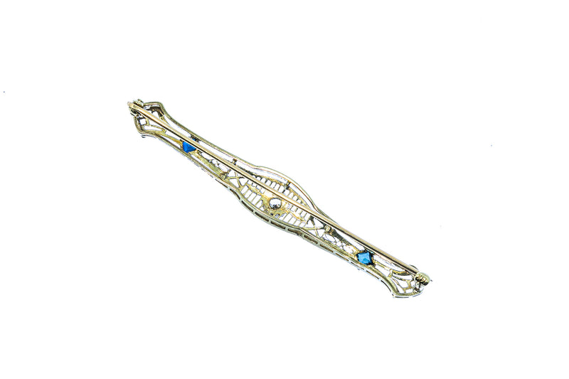 Antique 1920s Art Deco Diamond & Sapphire Filigree 2.5" Solid 14K 585 White & Yellow Gold Brooch