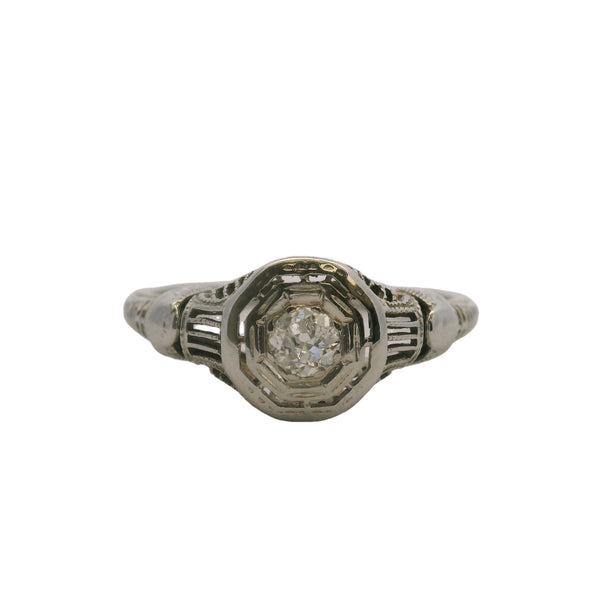 1920s Art Deco Solid 18kt White Gold and 0.15ct Diamond Solitaire Filigree Ring Size 6