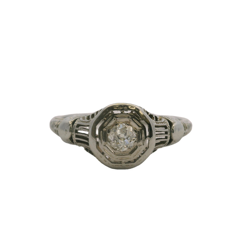 1920s Art Deco Solid 18kt White Gold and 0.15ct Diamond Solitaire Filigree Ring Size 6