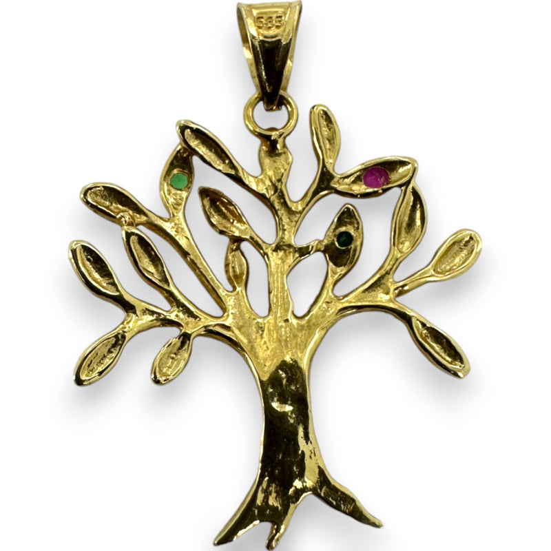 Solid 14kt Yellow Gold Family Tree/Tree of Life Necklace Pendant with One Lab Ruby and 2 Lab Emeralds