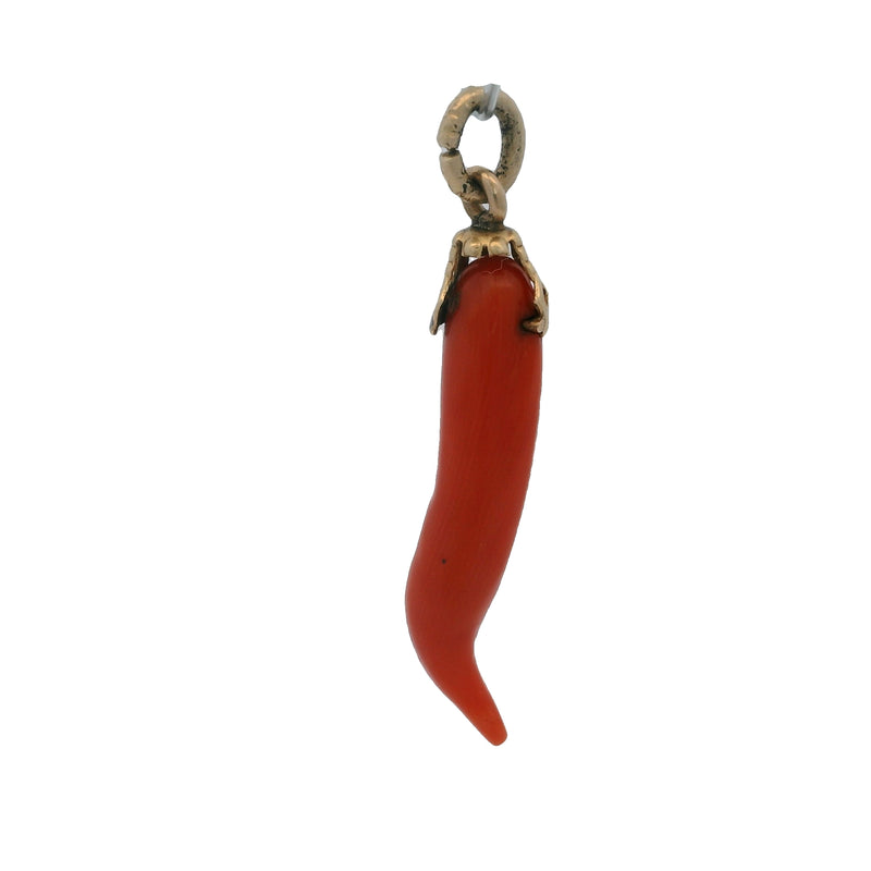 Vintage 14kt Yellow Gold and Orange Coral Italian Horn 1.3" Charm Necklace Pendant