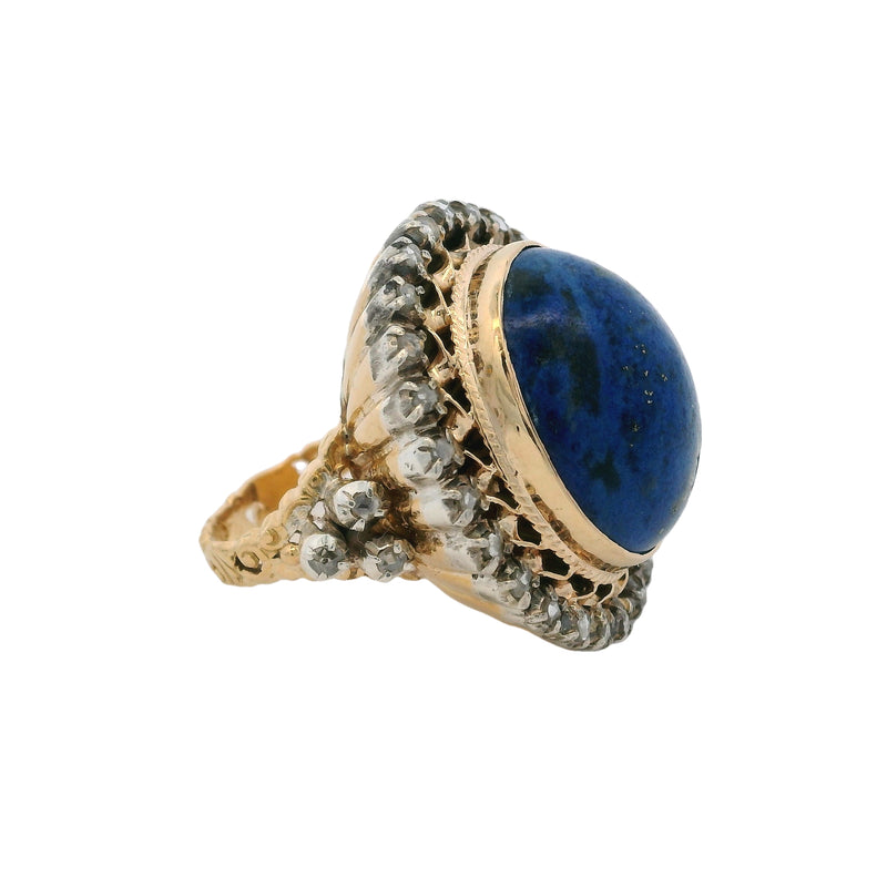 18kt Yellow Gold and 925 Sterling Silver Large Cabochon Lapis Lazuli and Diamond Cocktail Statement Ring Size 7.5