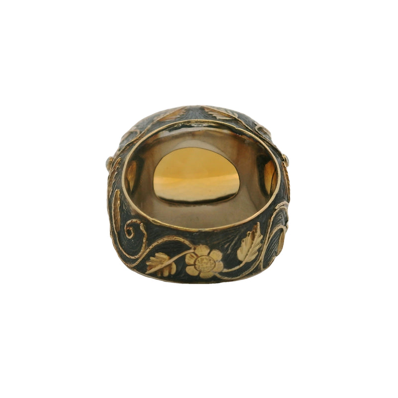 18kt Yellow Gold and Sterling Silver Ottoman Style Floral Motif Ring With Large 15ct Orange Citrine and Diamonds Size 8