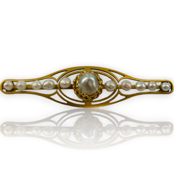 Vintage 1950-60s Victorian Revival 14kt Yellow Gold and Baroque Pearl Bar Brooch Pin