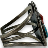 Kelvis Josh Navajo Native American 925 Sterling Silver Large Cuff Bracelet with Natural Pyrite-Included Turquoise and Coral