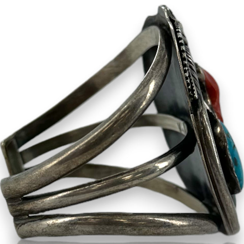 Kelvis Josh Navajo Native American 925 Sterling Silver Large Cuff Bracelet with Natural Pyrite-Included Turquoise and Coral