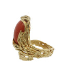 Italian 1980s Brutalist 18kt Yellow Gold and Cabochon Coral Textured Cocktail Ring Size 6