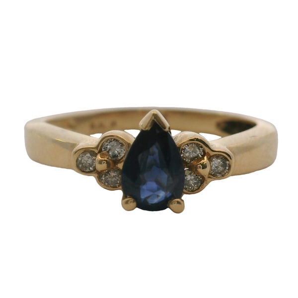14kt Yellow Gold Dainty Pear Sapphire Solitaire Ring with Accent Diamonds Size 4.75