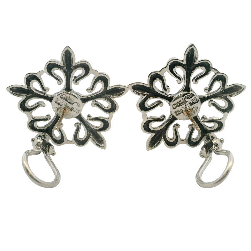Vintage Lagos Caviar 925 Sterling Silver and 18kt Yellow Gold Fleur De Lis Omega-Back Earrings