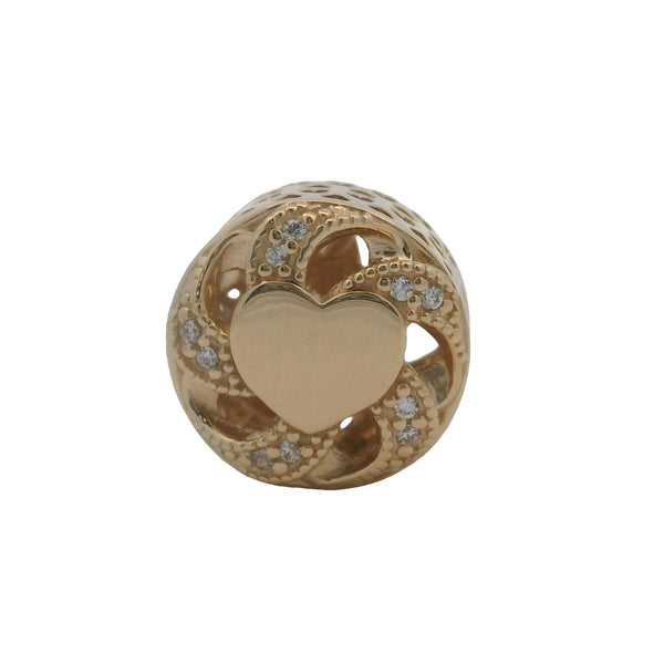 Charm Pandora de corazón con lazo en oro amarillo macizo de 14 kt y circonitas cúbicas