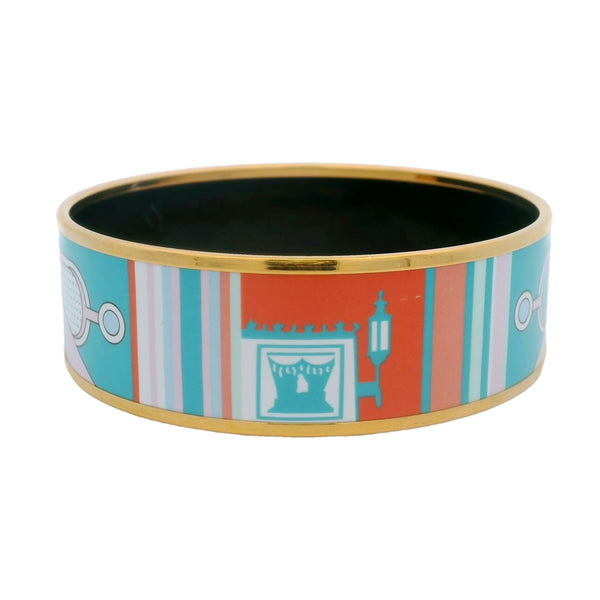HERMES Yellow Gold Plate and Enamel Washington Carriage 22.5mm Wide Bangle Bracelet
