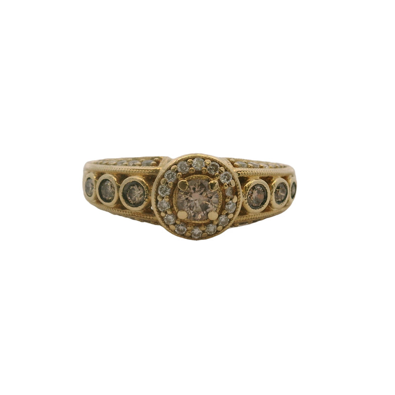 Le Vian Solid 14kt Yellow Gold Chocolate and Vanilla 0.52ctw Diamond Halo Statement Ring Size 7