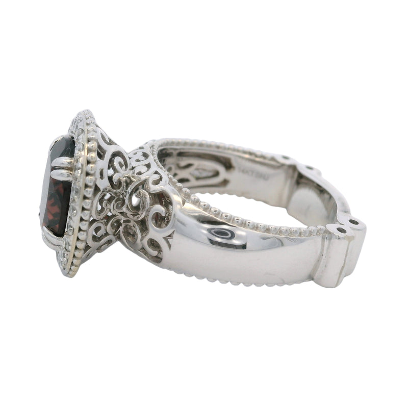 14kt White Gold 2.6ct Oval Garnet Solitaire Cocktail Swirl Ring With Diamond Halo Size 7