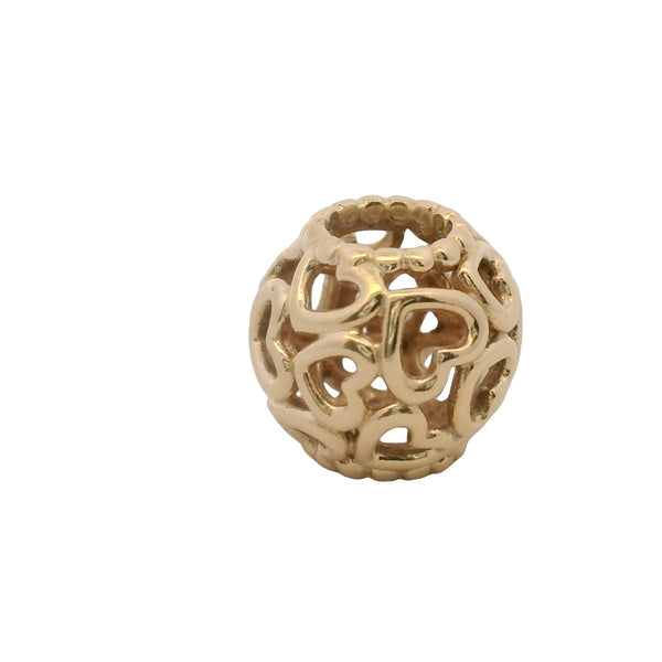 Charm espaciador redondo "Abre tu corazón" de Pandora, oro amarillo macizo de 14 kt, retirado.