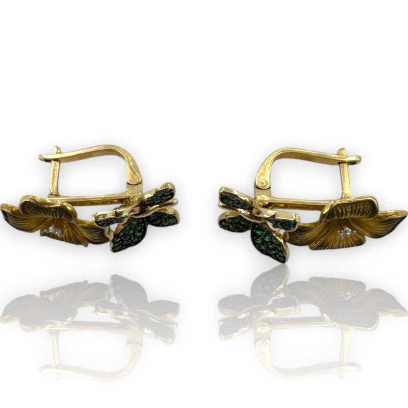 14kt Solid Yellow Gold Flower and Green Butterfly Snap Closure Stud Earrings with CZ Cubic Zirconia Stones
