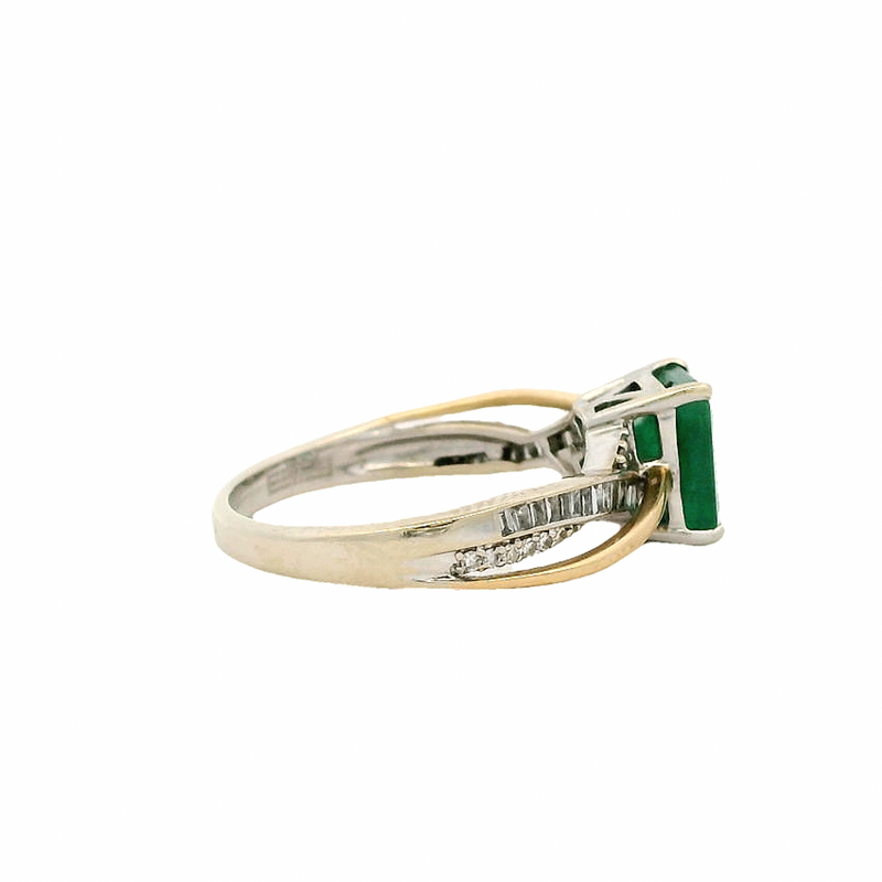 EFFY Solid 14kt White and Yellow Gold Emerald Cocktail Twist Ring with Round and Baguette Diamond Sides