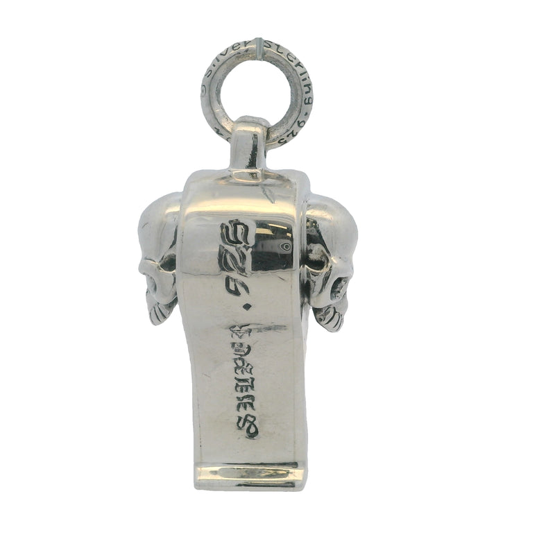c2004 925 Sterling Silver Large 1.7" Long Whistle With Skulls Gothic Font Necklace Pendant