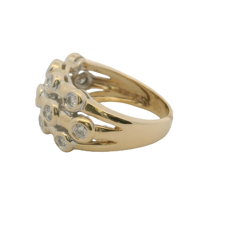 SBT Solid 14kt Yellow Gold and Bezel Set Diamond 3-Row Bubble Ring Size 7