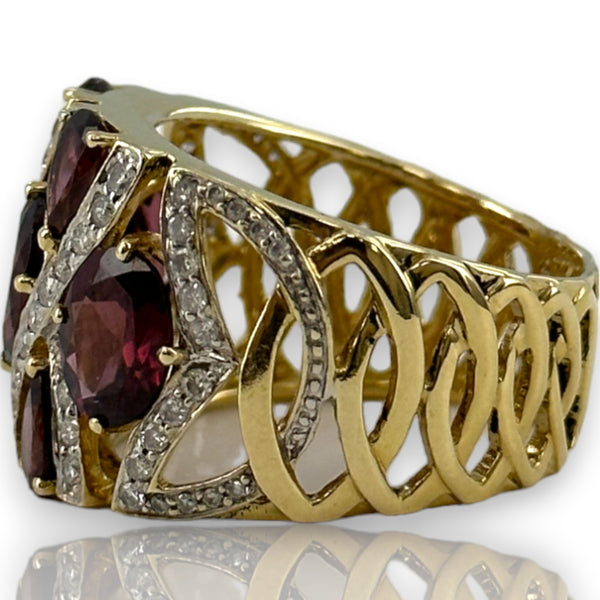 Ciemme Large Luxury Cocktail Ring with Rhodalite Garnets and Natural Diamonds Solid 14k Yellow Gold Size 9.5