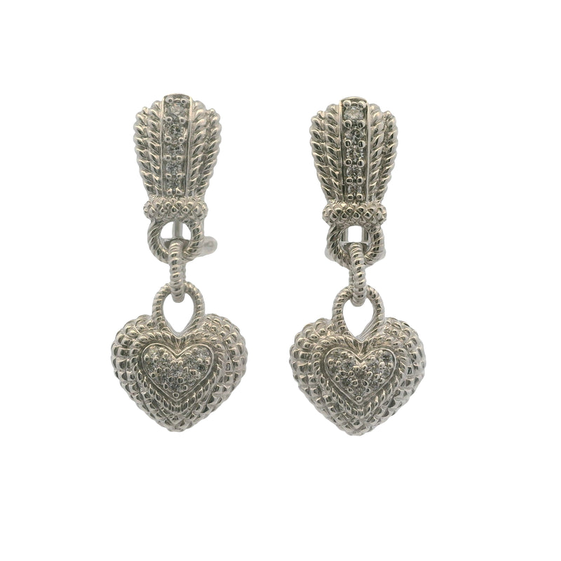 Judith Ripka Solid 925 Sterling Silver and CZ Heart Cluster Drop Dangle Omega-Back Earrings