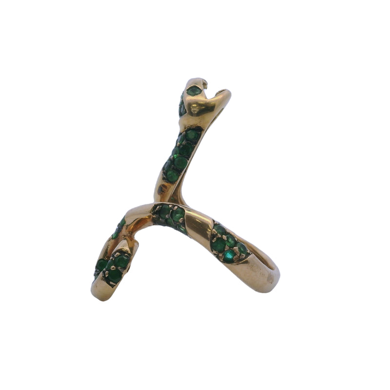 Anillo de serpiente con colmillos y sinuoso de oro amarillo macizo de 14 kt y tsavorita verde intenso, talla 5