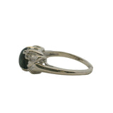 Vintage 1950-70s 14kt White Gold Ring with Center Cabochon 1.55ct Green Star Sapphire in Decorated Leaves Setting with 4 Accent Diamonds Size 5.5