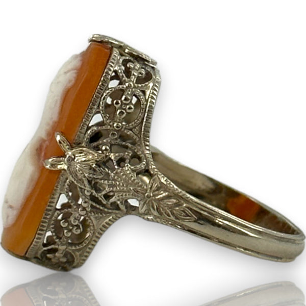 Early 1920s Art Deco 14kt White Gold Filigree and Conch Shell Cameo Ring