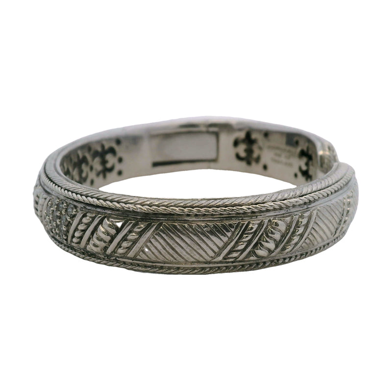 Vintage Judith Ripka 925 Sterling Silver and CZ Hinged Cuff Weave Pattern Bracelet 7"